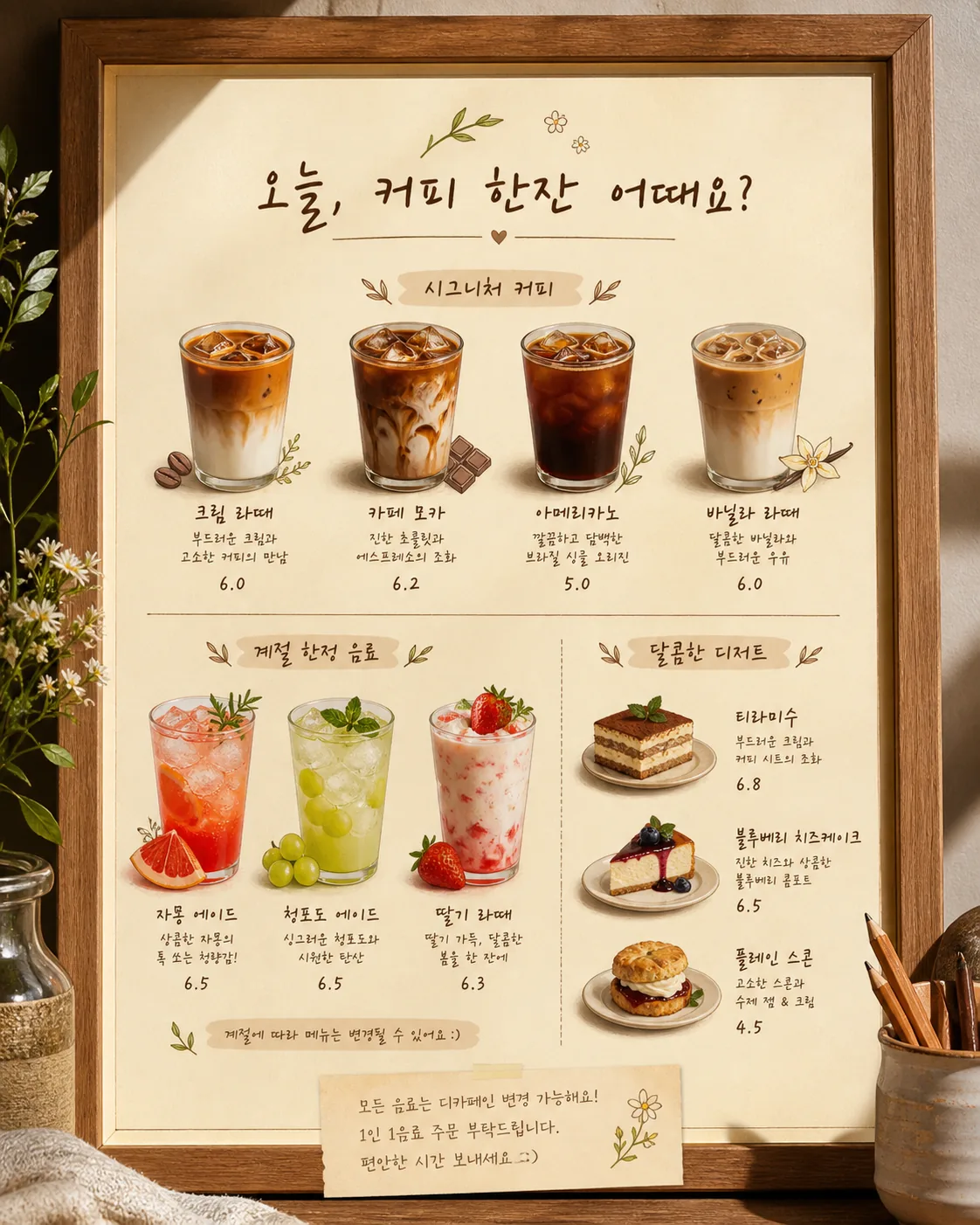 카페 메뉴판 프롬프트 결과 예시